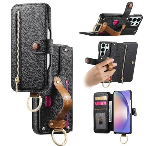 Étui cuir pour Samsung S25 Ultra noir avec portefeuille zippé et protection RFID