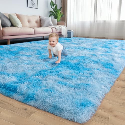 Ailyei Soft Shag Rugs for Girls Kids Bedroom, 4x6 Tie-dye Light Blue Fluffy Shaggy Rugs for Living Room Nursery, Luxury Modern Plush Carpet Room Dorm Indoor Home Decor, Upgrade Non-Slip