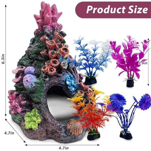 Image of PINVNBY Colorful Coral Small Fish Tank Decorations with 4PCS Artificial Aquarium Plants, Resin Mountain Ornament for Goldfish Betta Fish Tank Cave Hideout Sleep Rest Play Breed