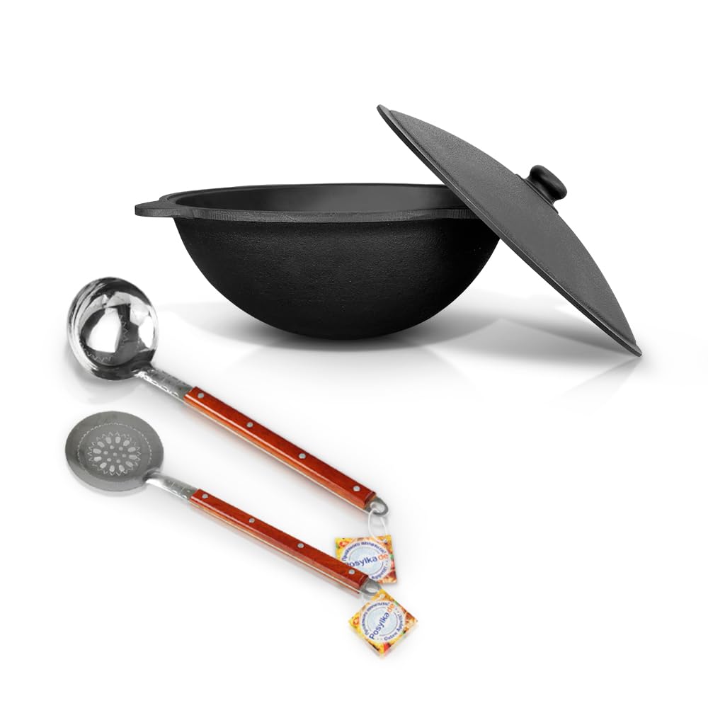 Kazan - Cuchara de hierro fundido con tapa de aluminio de 6 l para Plov, 40 cm, cucharón para Plov, 40 cm, olla uzbekistán, WOK Plov, estufa de fuego Kazan Plov