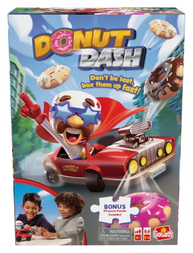 Goliath Donut Dash Game w/ 24pc Puzzle - Race to Pick Up Matching Donuts Racecar Does Real Donuts On Table Or Hard Floor - Includes 24-Piece Puzzle