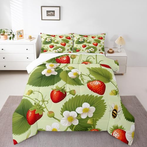 Image of Feelyou Strawberry with Floral Comforter Fruit Comforter Set for Kids Girls Botanical Flora Leaves Bedding Set Soft Quilt 1 Comforter Set with 1 Pillowcase Twin Size Boys