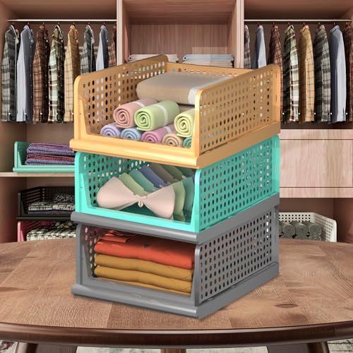 Image of Heart Home Pack of 3 Storage Organizer | Wardrobe Organizer | Cloth Organizer | Foldable Shirt Stacker Box for Almirah | Closet Storage Basket | Large | Gray & Pista Green & Ivory