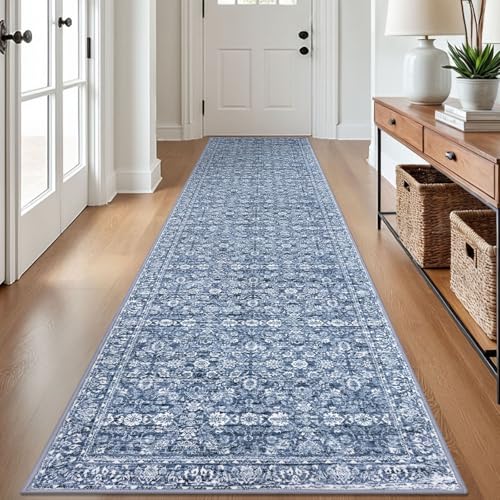 2.6x12 Blue Washable Runner Rug for Kitchen, Soft Classic Runner with Non-Slip, Non-Shedding Distressed Floral Rug for Hallways Entryway Bedroom Bathroom Laundry Indoor