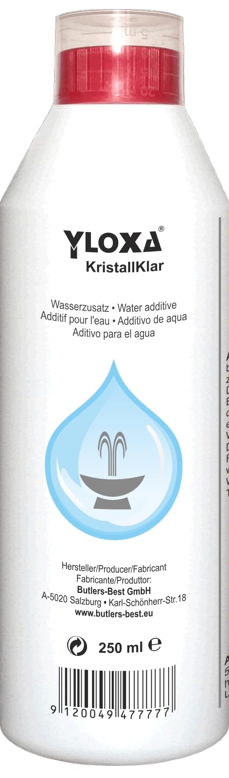 Caseeto Yloxa KRISTALLKLAR - Wasserzusatzkonzentrat für Brunnen, Wasserwände, säulen, kaskaden und Vernebler im Innen- und Außenbereich - 250 ml Flasche