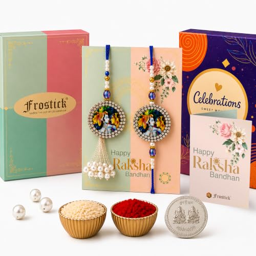 Image of Frostick Celebrate Raksha Bandhan with Bhaiya Bhabhi Rakhi Combo - Designer Rakhi Pair, Cadbury Celebrations, Roli Chawal, Greeting Card & Gift Box for Gifting
