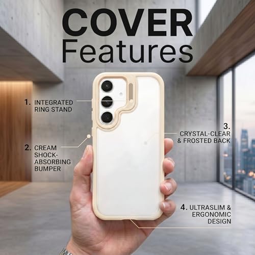 Image of amazon basics Frosted Matte Case for Samsung Galaxy S24 5G | Built-in Flip-Out Camera Lens Stand | Translucent Back with Contrast White Bumper | Shockproof Protective Cover with Foldable Kickstand