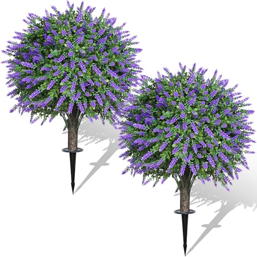 AOKIIE Set of 2 Artificial Lavender Boxwood Topiary Ball Bush for Outdoor with Ground Spike 22', UV...