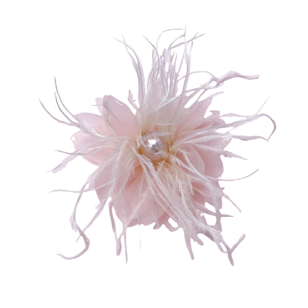 Lady Fascinator Feather Flower Brooch for Women Elegant Shell Pearl Mesh Blossom Hair Clip Wedding Corsage Lapel Pin Bridal Hairband Derby Hat