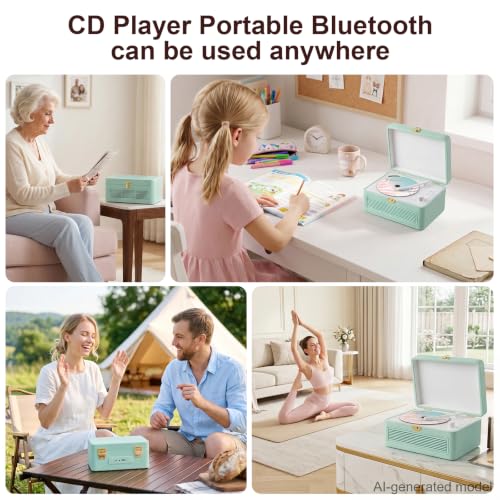 Image of Gueray CD Player Portable Bluetooth: Retro CD Players with Speakers Vintage CD-Player 3600mAh Rechargeable & Radio & Remote Control Support USB /AUX Playback Headphone Jack (Green)
