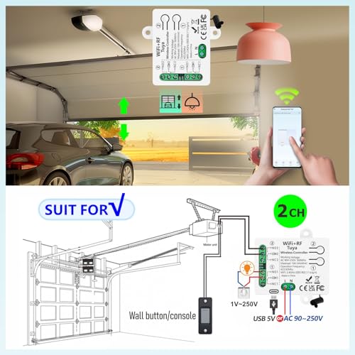 Image of DieseRC Tuya 2 Channels WIFI Smart Switch, AC 90V-250V 240V Passive Output Relay Module, with 2 pcs RF Remote Control, Compatible with Alexa /Google Home