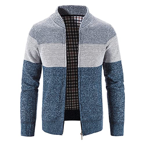 Loozykit Herren Strickjacke Strickpullover mit Reißverschluss Stehkragen Langarm Bequem Cardigan Mantel Jacke Atmungsaktiv Freizeitjacke Outwear (Blau Grau ,XL) Cover