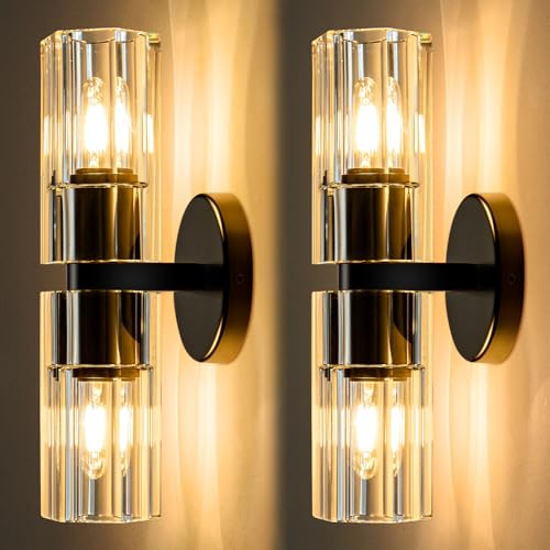 Image of Black Crystal Wall Sconces Set of Two, Wall Sconce Set of 2, Black Sconces Wall Lighting with K9 Crystal Lampshade, Wall Lights for Bedroom Living Room Bathroom Hallway