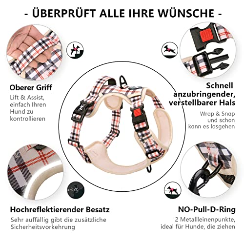 PoyPet Keine Pull Hundegeschirr Front Reflektierende Pet Weste für Hunde mit Einfache Kontrolle Griff und Rückseite perfekt für den täglichen Training, Walken, Running(Kariertes Beige,M)