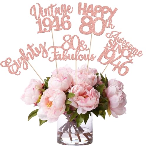Image of 15 PCS 80th Birthday Centerpiece Sticks Happy 80th Vintage 1946 Table Flower Centerpieces Sticks Cheers to 80 Fabulous Floral Decorations for 80th Birthday Party Centerpieces Supplies Rose Gold