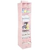 Fabric Hanging Organizer - Over Closet Rod Storage with 7 Shelves and 3 Removable Drawers for Baby Nursery Bedroom Organization - Holds Clothes, Toys, Accessories - Pink/White Polka Dot