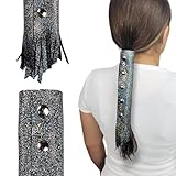 Silver Sparkle motorcycle Leather Hair Wrap 8' Inch - Ponytail protector & Long Hair Protector for Biker Helmet | Bling Motorcycle Accessories for Women with Fringe | Made in USA | Hair Accessory