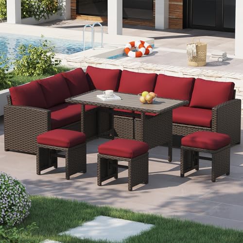 Image of U-MAX 7 Pieces Patio Furniture Set with Waterproof Cover, Outdoor Sectional Sofa Conversation Set, All Weather Wicker Rattan Dining Table & Chair with Ottoman, Brown Rattan&Wine Red Cushion