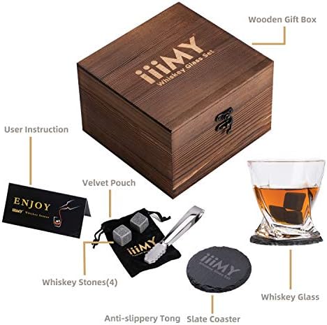 Whiskey Stones and Glass Gift, 4 Whisky Stones + Twist Whisky Rock Glass + Slate Coasters for Whiskey and Scotch, Christmas/Birthday/Fathers Day Gifts/Present for Men/Women