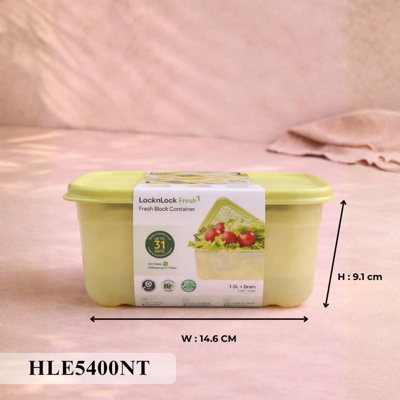 Image of LocknLock Fresh Block 1.5L Vegetable Storage Container with Drain Tray | Airtight Fridge Storage Box with Air Vent System | BPA-Free Fruit & Vegetable Keeper for Refrigerator
