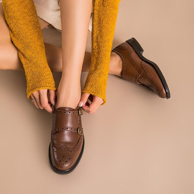 Genuine Leather Monk Strap Brogue Flats2