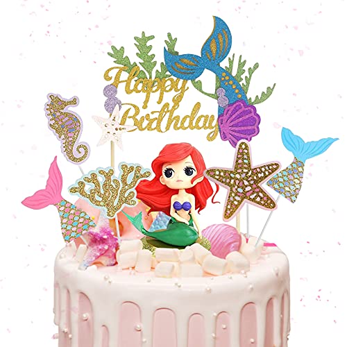 【Sirena Topper Torta】Il kit include 1 x Happy Birthday Mermaid, 1 x Coda a sirena blu, 1 x Coda a sirena rossa, 1 x Stelle marine, 1 x Cavallucci marini, 1 x Alghe, 1 x Giocattolo modello sirena, quantità sufficiente per l'uso o la condivisione con gli amici.