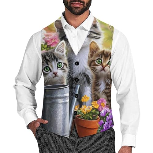 Three Cute Cats Flowers Trendy Vest Suit for Men V Neck Formal Dress Waistcoat Vests Business Slim Fit