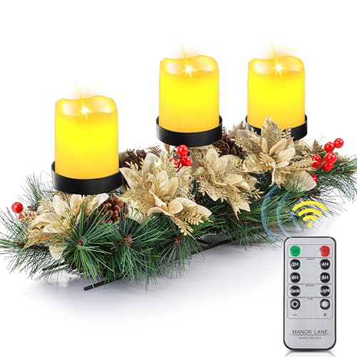 Cinnvoice 17 Inch Artificial Christmas Centerpiece Candle Holder with 3 Ivory White Flickering Flameless Candles with Remote Control and Timer Christmas Table Centerpiece for Party (Gold)