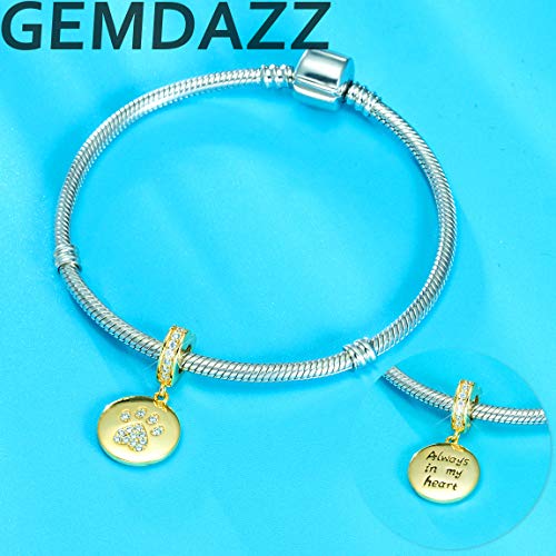 GEMDAZZ Sparkling Puppy Paw Print Charms in 925 Sterling Silver, Pave Dog Pawprint CZ Round Beads and Always in My Heart Charms, Gift for Animal Lover, fit European Women Bracelet/Necklace2