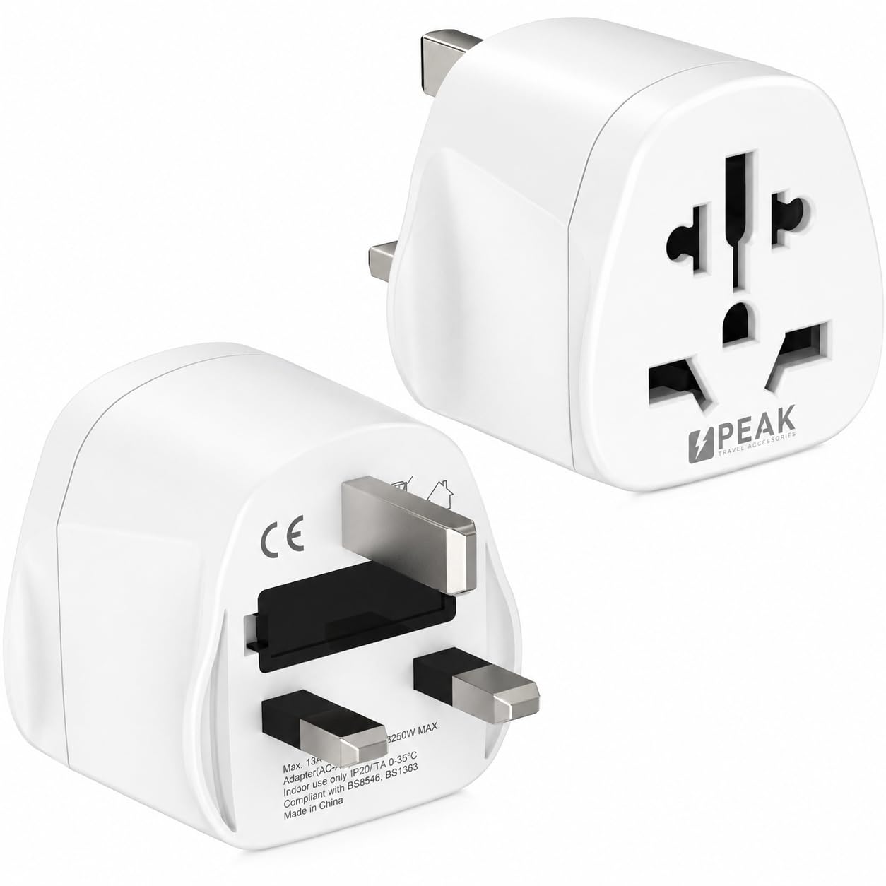 Adaptador de viaje Peak Power World to UK – Adecuado incluso para dispositivos potentes como portátiles y secadores de pelo de viaje aplicable en muchos países: Inglaterra, Escocia, Gales, Irlanda,