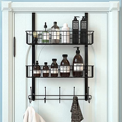 LUCYCAZ Türgarderobe zum Einhängen, Türhaken zum Einhängen mit 2 Körben und 5 Haken, Türhaken Badezimmer Schlafzimmer Küche für Türen bis 2 cm Dicke, Schwarz Cover