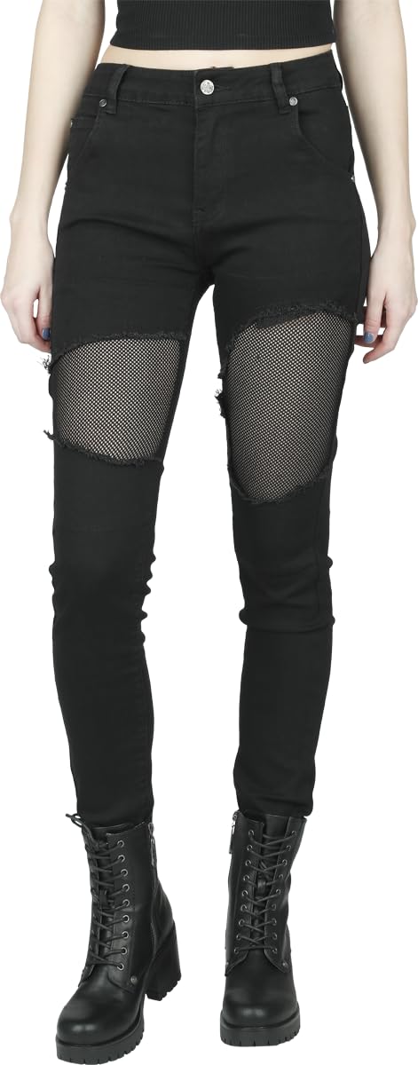 Black Premium by EMP Mujer Vaqueros Negros con Recortes de Rejilla