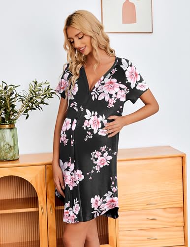 Image of Ekouaer 3 Pack Women's Nightshirt Button Down Nightgown Short Sleeve Sleepshirt V Neck Pajama Dress with Pockets