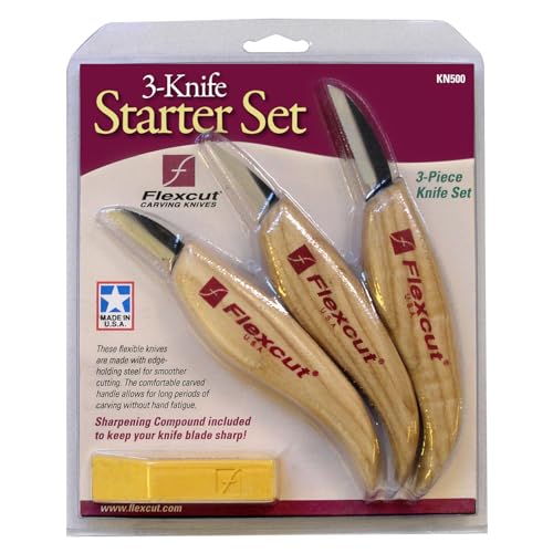 Image of Flexcut Wood Carving Knives | Starter Set of 3 Woodcarving Knives | 1095 High Carbon Steel Blades | Ergonomic Ash Wood Handles for Beginners and Hobbyists | KN500 | Made in the U.S.A