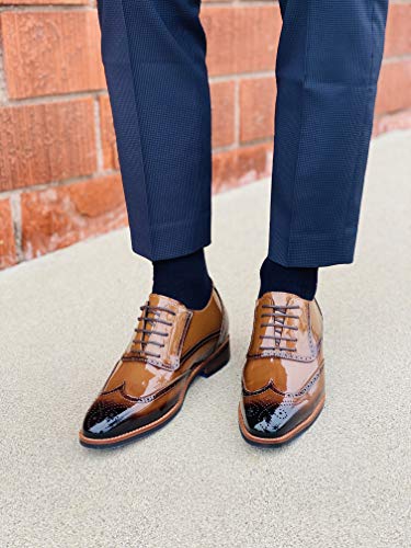 Image of CALTO Men's Invisible Height Increasing Elevator Shoes - Dark Brown Patent Leather Lace-up Wing-tip Formal Oxfords - 3 Inches Taller - S1017 - Size 6 D(M) US