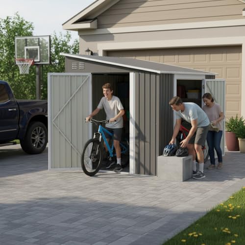Abri de jardin en métal de 1,8 x 2,4 m avec double portes et kit de sol – Abri de jardin résistant aux intempéries comme garage à vélo et abri pour...