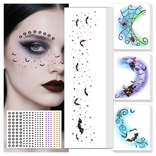 EMOME Halloween Decorations Halloween Glitter Faux Freckles Face Tattoos with Black Orange Purple Face Gems Halloween Rave Accessories Face Paint Makeup Kit for Women Party Supplies