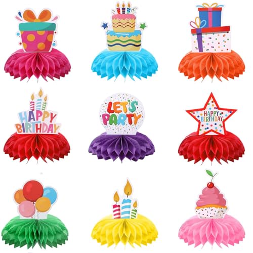 JOOTUEPO 9 peças aniversário mesa favo centros, decorações coloridas de aniversário, decoração de mesa de aniversário, decoração de festa para homens e mulheres celebrações, suprimentos