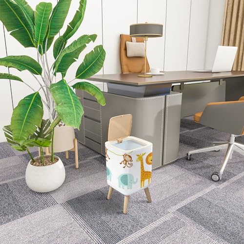 Image of Trash Can with Lid A Set Cute Jungle Animals Elephant Lion Giraffe Monkey Garbage Can Rectangular Waste Bin Press Cover Dog Proof Wastebasket for Kitchen Bathroom Living Room Nursery