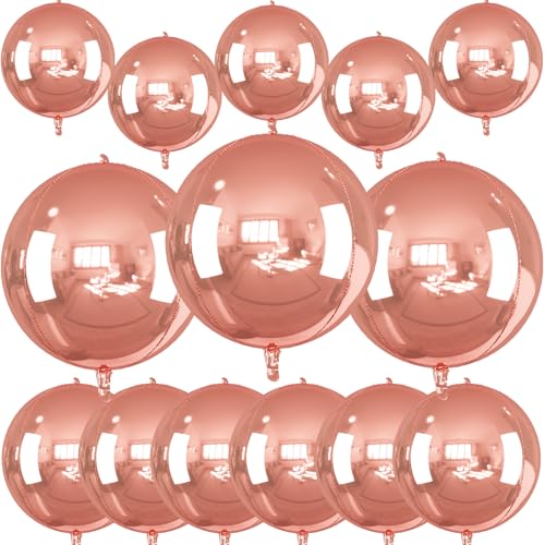 Image of 14 Pcs Rose Gold Round Foil Balloons 22 /15 /10 4D Ball Balloons Rose Metallic Balloon Ornament Mylar Balloon Chrome for Women Birthday Graduation Wedding Anniversary New Year Disco Party Decor
