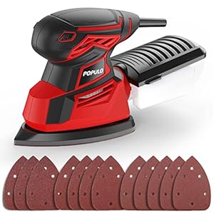POPULO Electric Mouse Sander, 130W 14000RPM 230V Detail Sander with 12Pcs Sandpapers, Hand Sanders for Wood with Dust Collector, Compact Sanding Machine PEMS-140