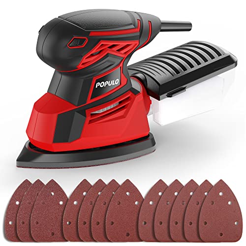 POPULO Electric Sander Tool,Hand Sander 14,000 OPM with 12 Pieces Sandpapers, Detail Sander with Dust Box for Woodworking,Suitable for Tight Spaces Sanding,Polishing,Removing Paint in Home Decoration
