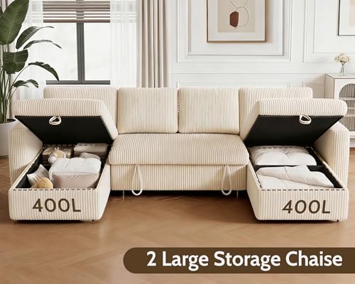Image of WEUP 106 inch U Shaped Sectional Sleeper Sofa Bed with Pull Out Bed, Sectional Sleeper Couch Pull Out Couch with Reclining Backrest /Reversible Storage Chaise /USB Ports /Tool-Free Assembly, Corduroy Beige