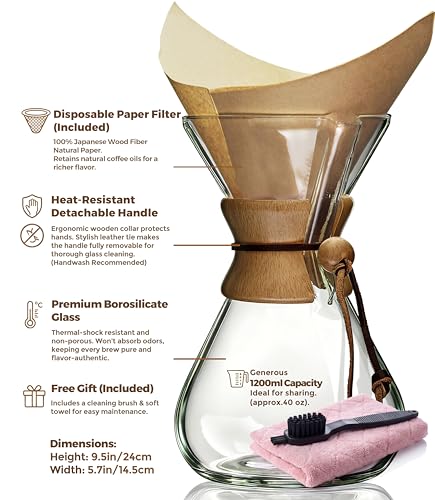 Image of AGOGO Pour Over Coffee Maker Set, 40oz Classic Style, 50 Paper Filters | Barista kit for home kitchen, Cafe, Camping & Office; 20oz-40oz Classic, Slim, Diamond styles; Includes brush & towel.