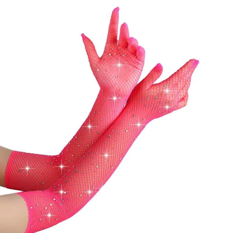 Mounteps 2 Pair Mesh Gloves Fishnet Crystal Rhinestone Long Full Finger Arm Opera Party Lace (Rose, F)