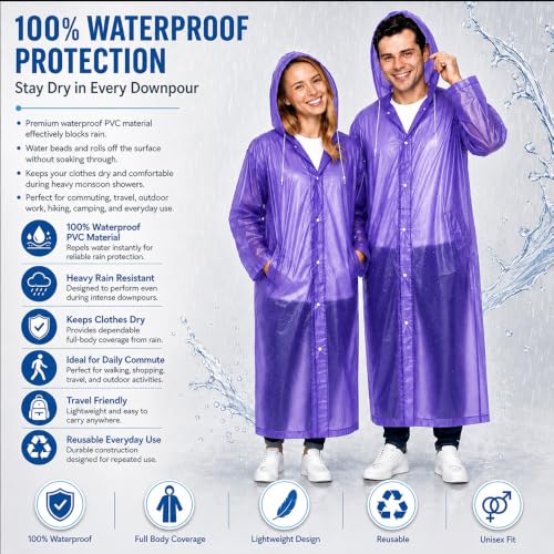 Image of OTOROYS Waterproof Long Rain Coat with Hood for Men, Women, Boys & Girls | Universal Full Length Reusable PVC Raincoat | Lightweight Portable Rain Ware for Bike Riding, Travel & Outdoor, Purple