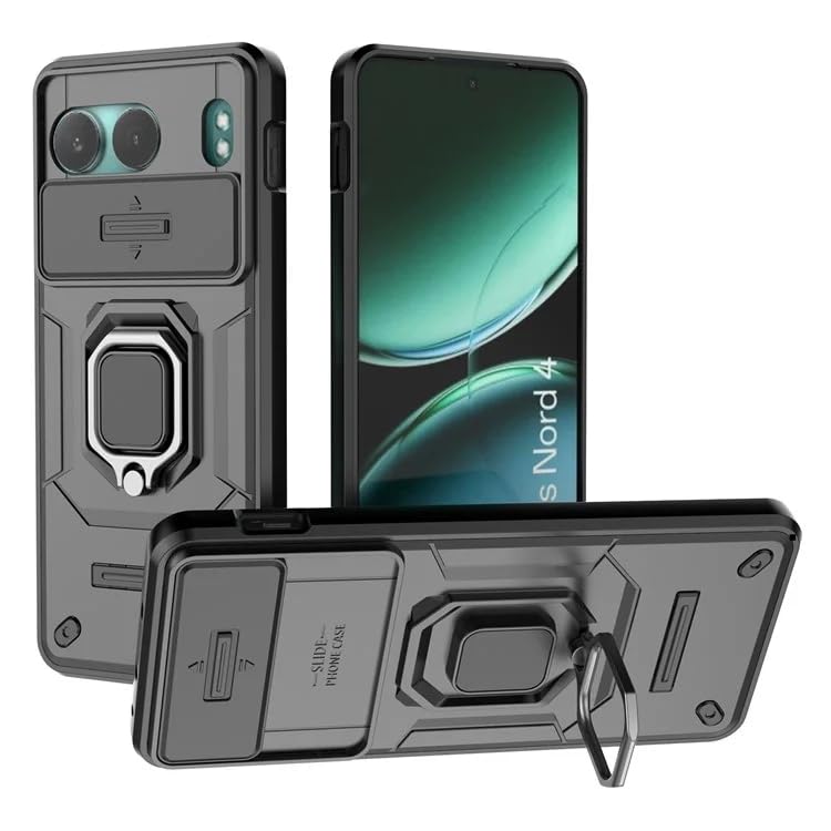 Image of Casodon Heavy Duty Armor Back Case Cover for Oneplus Nord 4 - Magnetic Kickstand Ring with Camera Shutter Protection, Rugged Bumper Hard Back Cover for Oneplus Nord 4 (PC & TPU|Black)