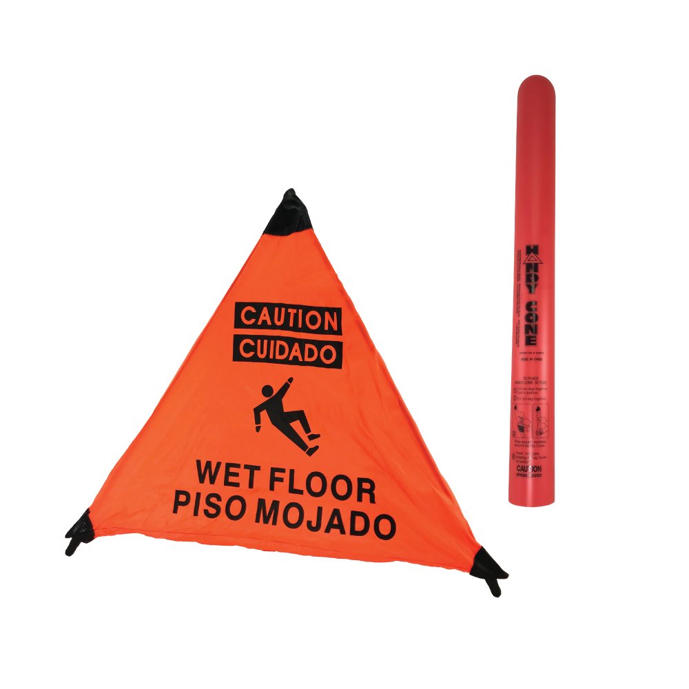 Wet Floor Sign: English/Spanish 18' Orange with Hang Tube