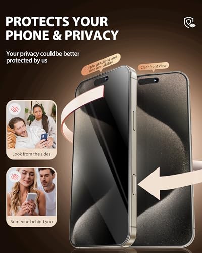 Image of PDDKISS 2 Pack Privacy Screen Protector for iPhone 15 Pro Max (2023) 6.7 inch Black Anti Spy Tempered Glass