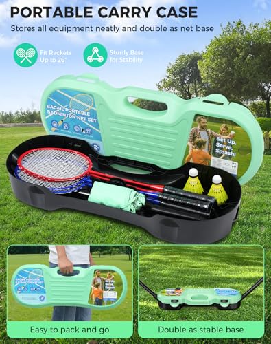Image of BAGAIL Portable Badminton Net Set, Pop-Up Net with Carry Case, Complete 4 Racket Set for Backyard, Park & Beach Games, Quick Setup Indoor Outdoor Sports Equipment for Backyard Fun